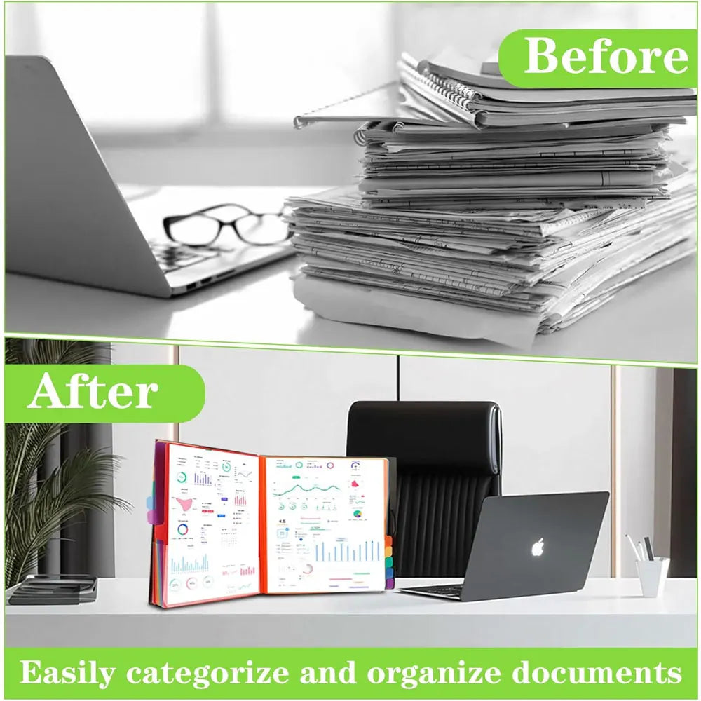 A4 expandable file folder with 12 compartments and 24 pockets, for organizing and storing documents and office supplies.