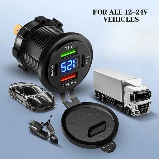 12V/24V 4-Port USB Charger Socket with Voltmeter