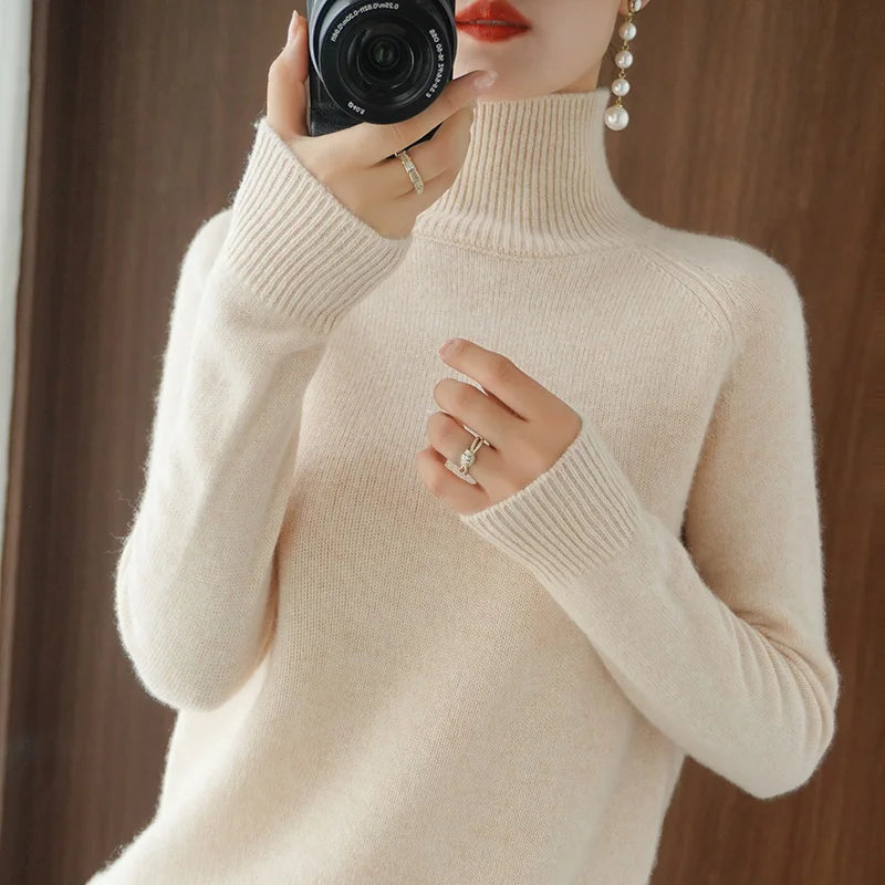 Fashion Basic Autumn Winter Merino Wool Sweater Mock Neck Cashmere Pullover Solid Color Soft Long Sleeve Basic Clothing Tops