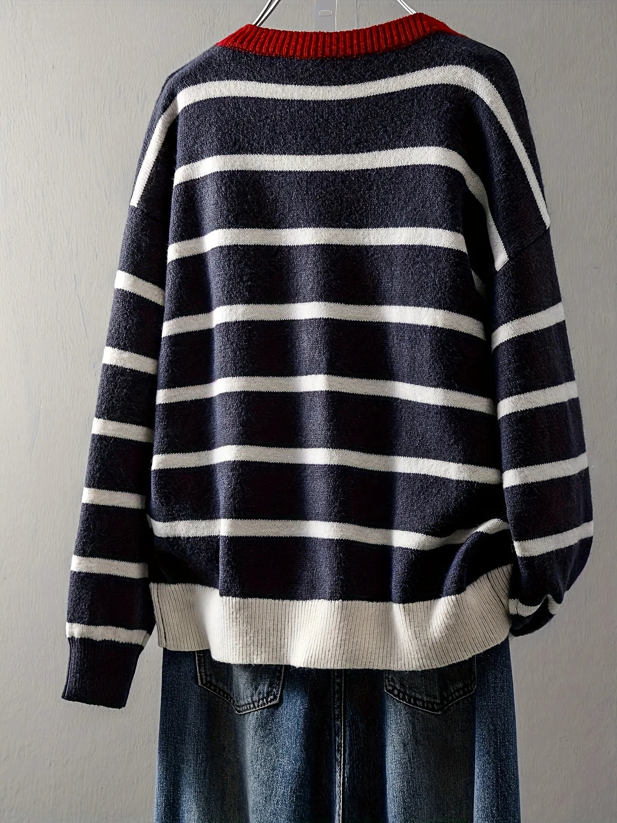 Women's Striped Button Front Cardigan, Cute Heart Pattern Knit Coat, Casual Fashion Outwear