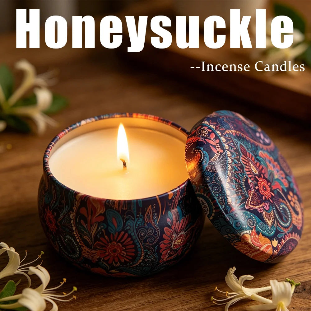 Exquisite Scented Candles in a Tin Box, Containing 4 Flavors Including Honeysuckle, Lavender, Lemongrass, and Freesia, Essential Oil-Infused, with Long-Lasting Fragrance, Suitable for Home, Office, Yoga, and Meditation