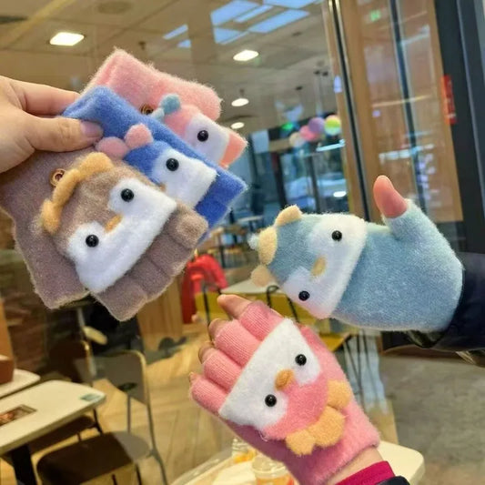 Kids' Penguin Flip-Top Mittens – Half-Finger Winter Gloves (Ages 2–6)