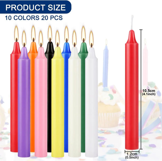 20 Colorful Small Stick Candles, Drip-Free, Smoke-Free, Unscented, Hand-Poured, High-Quality, Suitable for Various Places and Holidays. We Only Use High-Quality Wax to Make Cone-Shaped Candles, so When the Candle Burns, You W