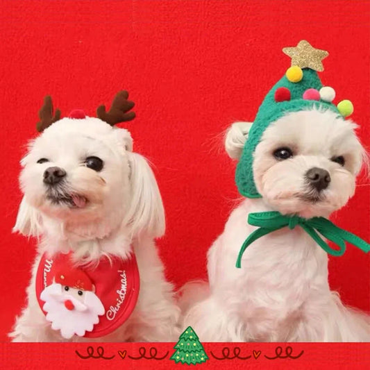 Christmas Pet Costume Set – Santa or Reindeer Hat with Scarf for Cats & Small Dogs
