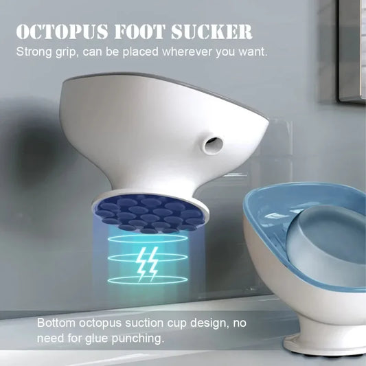 Octopus foot sucker product on a bathroom wall with text describing its features.