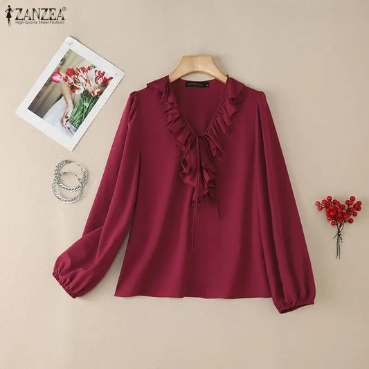 Ruffle Lace-Up V-Neck Blouse