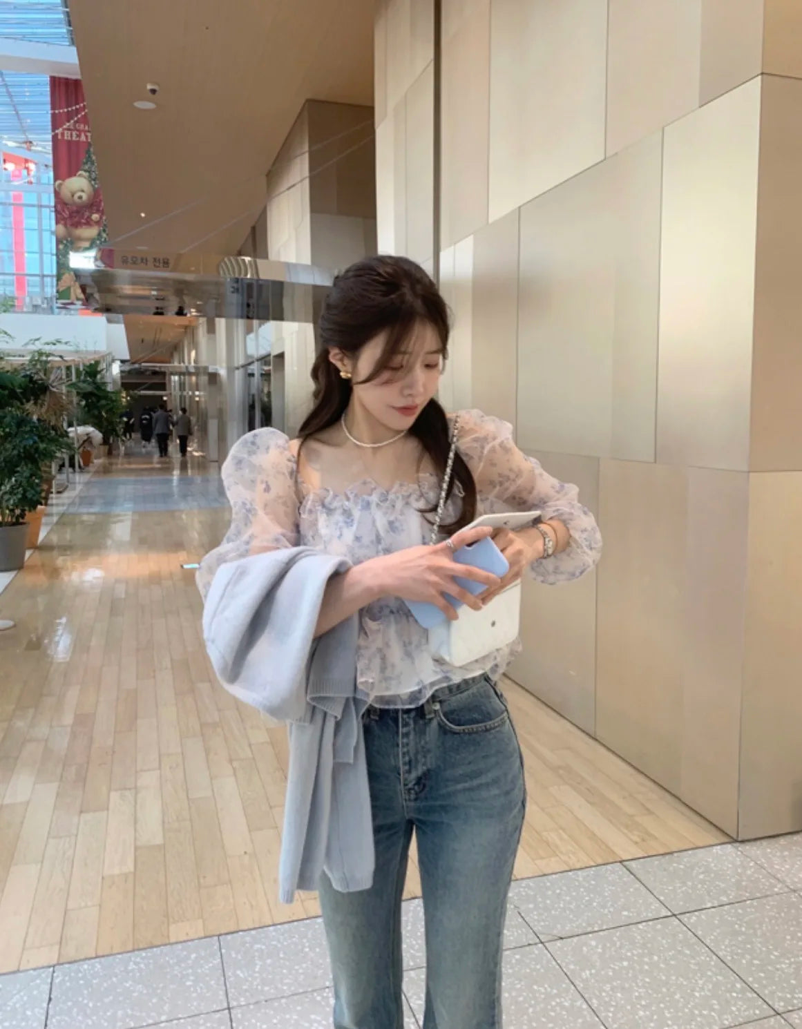Chic Spring Women's Blouse Gentle Shoulder Bared Floral Bubble Sleeve Chiffon Top Korean Style Loose Fit Long Sleeve Short Le...