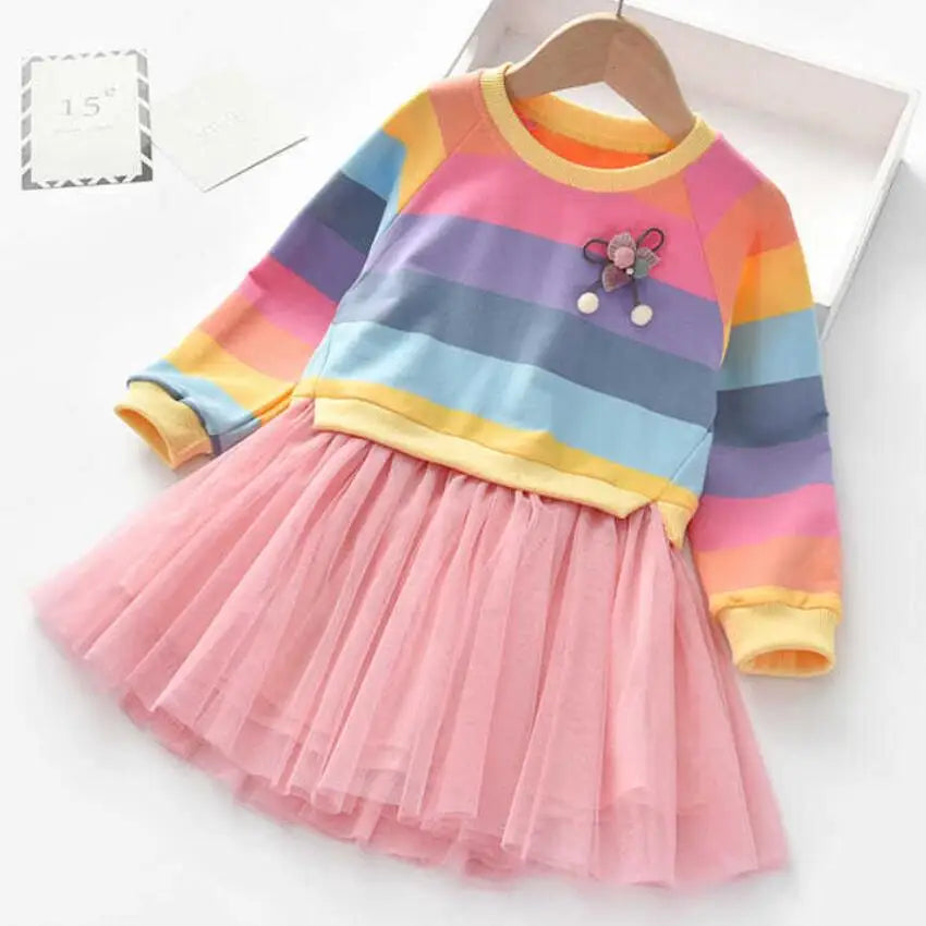 Girls' Rainbow Stripe Fleece Tutu Dress - Long Sleeve Autumn Princess Dress, 3T-7T