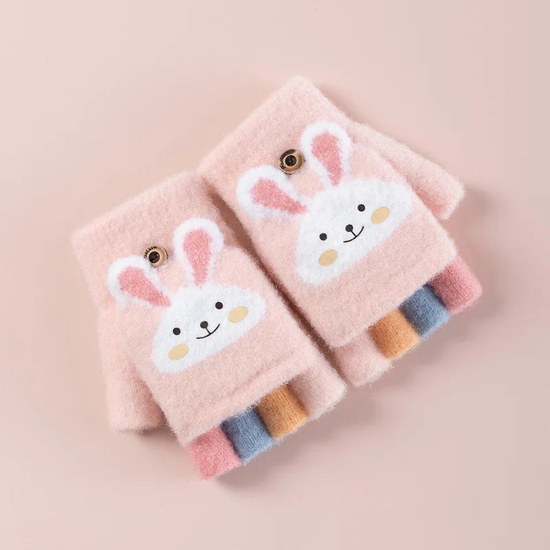 Kids' Bunny Flip-Top Knit Gloves – Half-Finger Mittens (Ages 4–11)