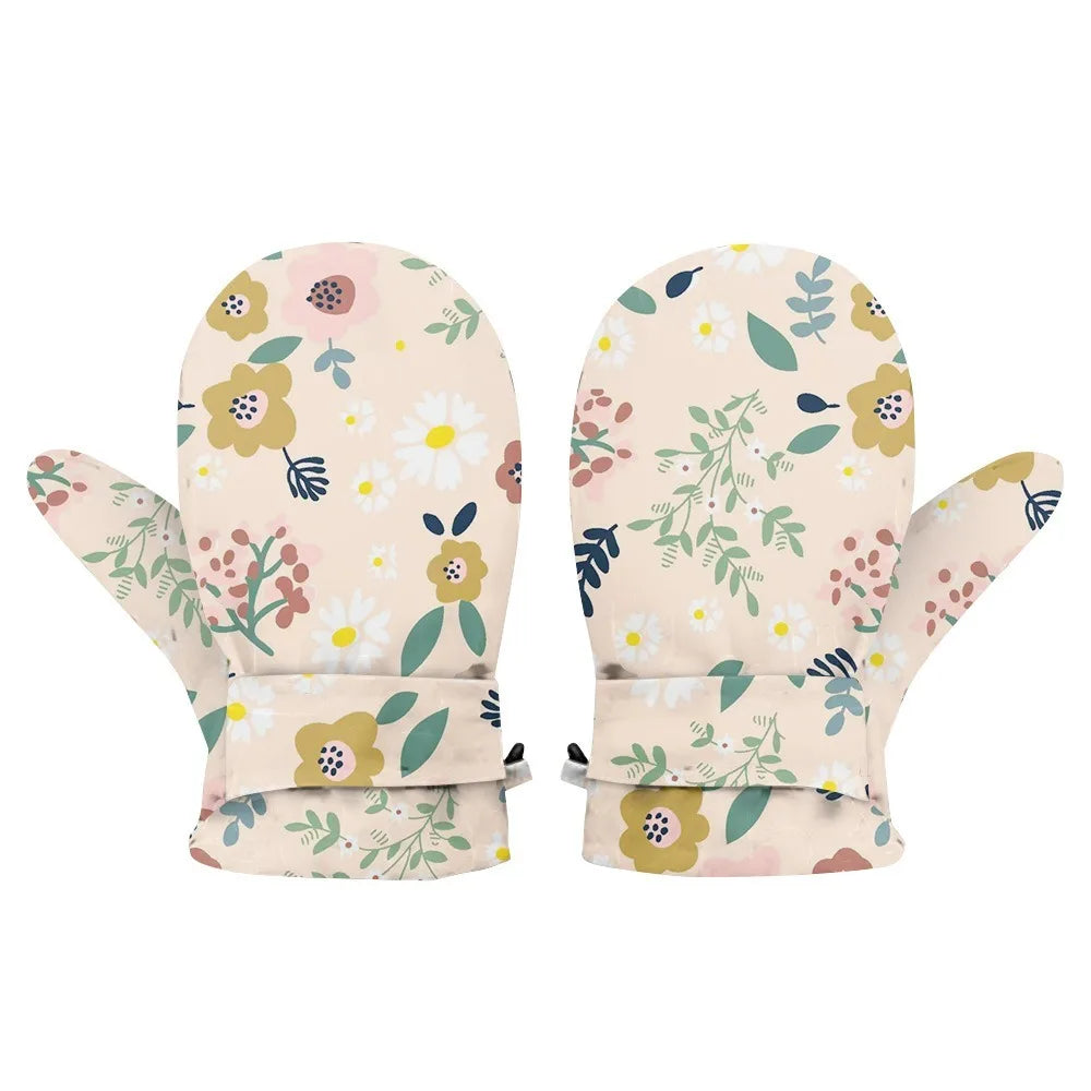 Kids' Floral Fleece-Lined Snow Mittens with Anti-Lost Clip