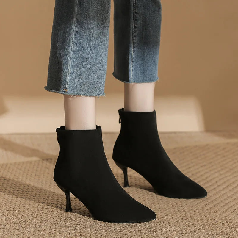 Suede Pointy Toe Ankle Boots Zipper Thin Heels Size 31-43 Winter Short Boots for Women High Heels Big Size High Heels
