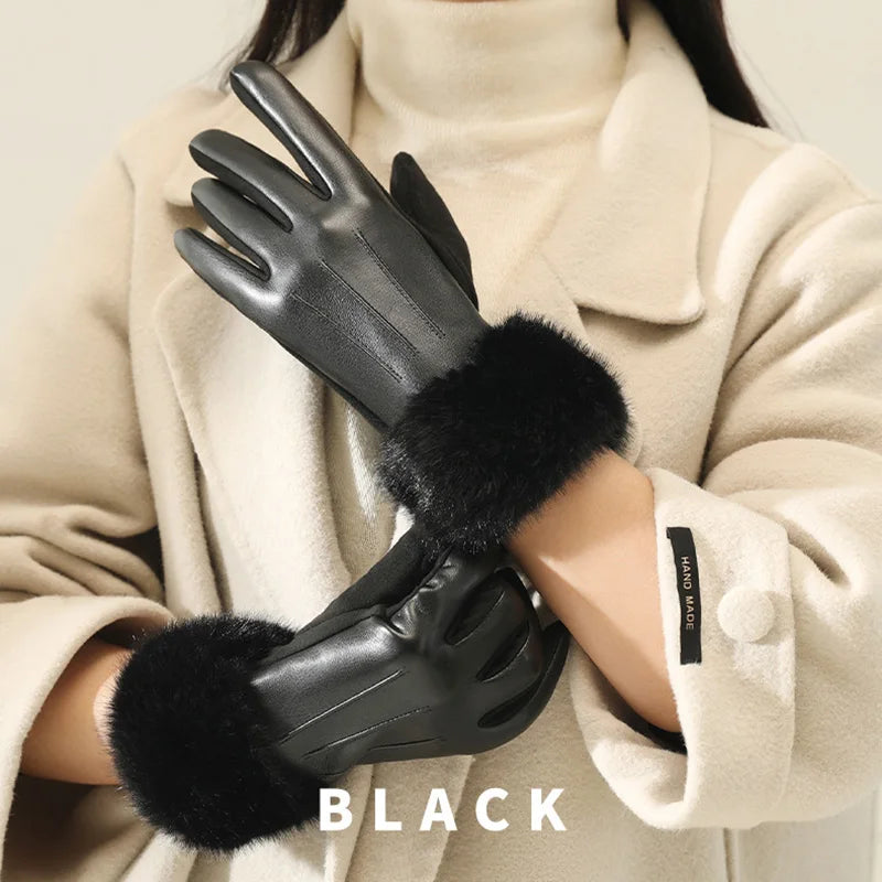 Women's Faux Fur Trim Faux Leather Gloves – Thermal-Lined, Windproof