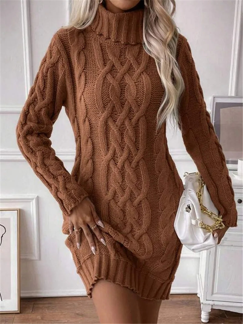Women's Twisted-Knit Turtleneck Knee-Length Dress