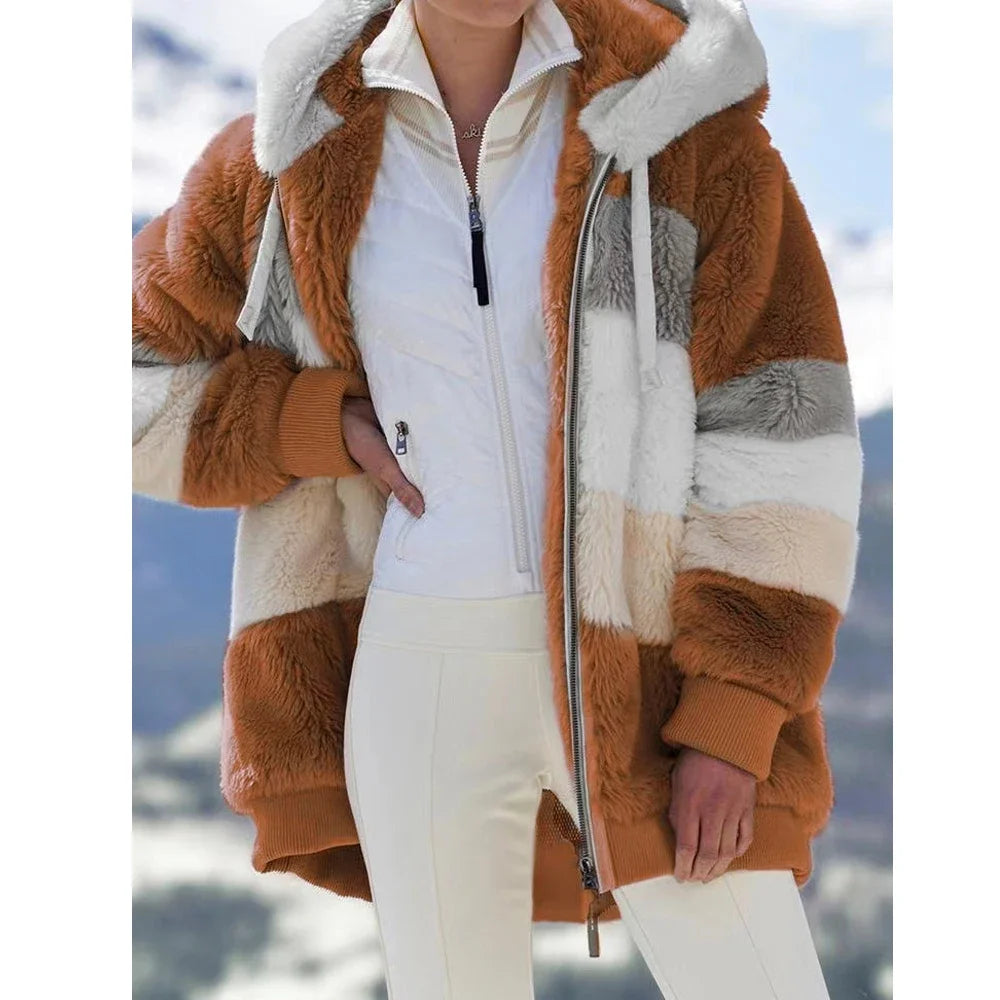 Winter Fashion Women's Coat 2026 Hooded Zipper Ladies Jacket Spliced Thick Cashmere Women Jacket Stitching Plaid Ladies Coats