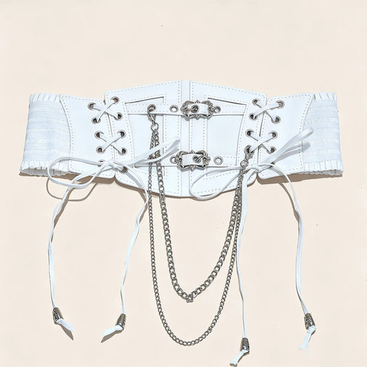 Lace-Up Corset Belt with Chain – Wide Faux Leather Waist Belt