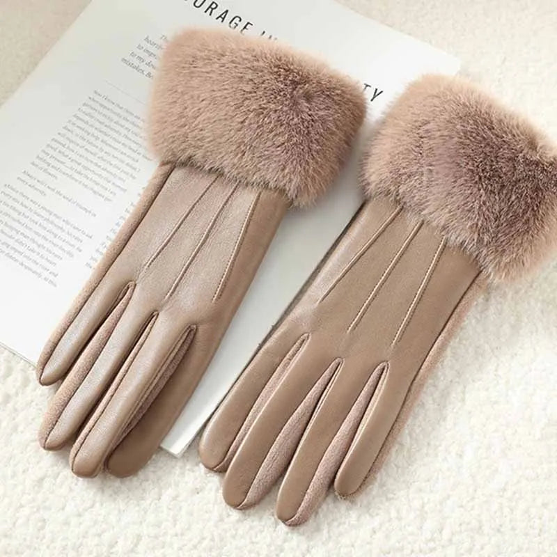 Women's Faux Leather Gloves with Faux Fur Cuff – Touchscreen