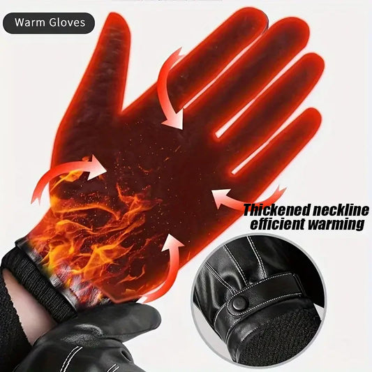 Men's Velvet-Lined Faux Leather Winter Gloves – Black