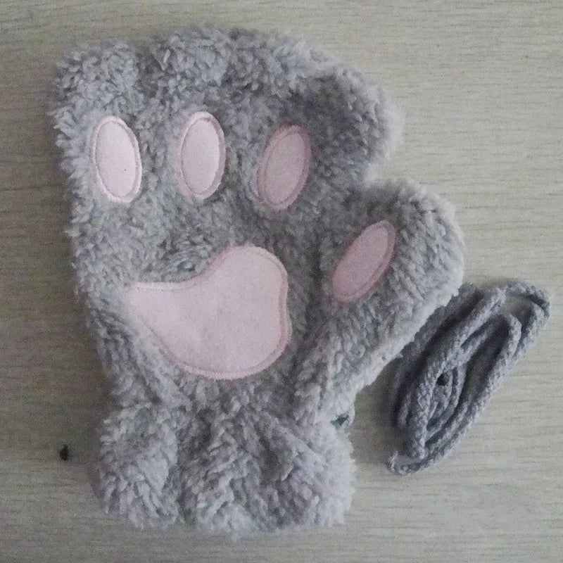 Women's Plush Cat Paw Fingerless Gloves