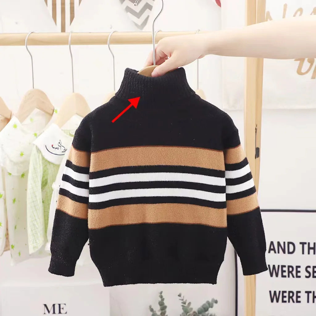 Boys' Striped High Collar Knit Sweater - Full Sleeve Winter Knitwear, Ages 2-6
