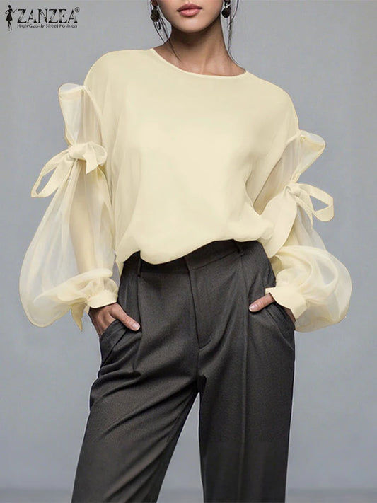 Bow-Detail Mesh Lantern-Sleeve Blouse
