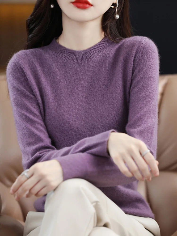 Fashion 100% Merino Wool Sweater Elegant Cashmere Pullover Women O-Neck Long Sleeve Knitwear Basic Clothing Jumper Tops