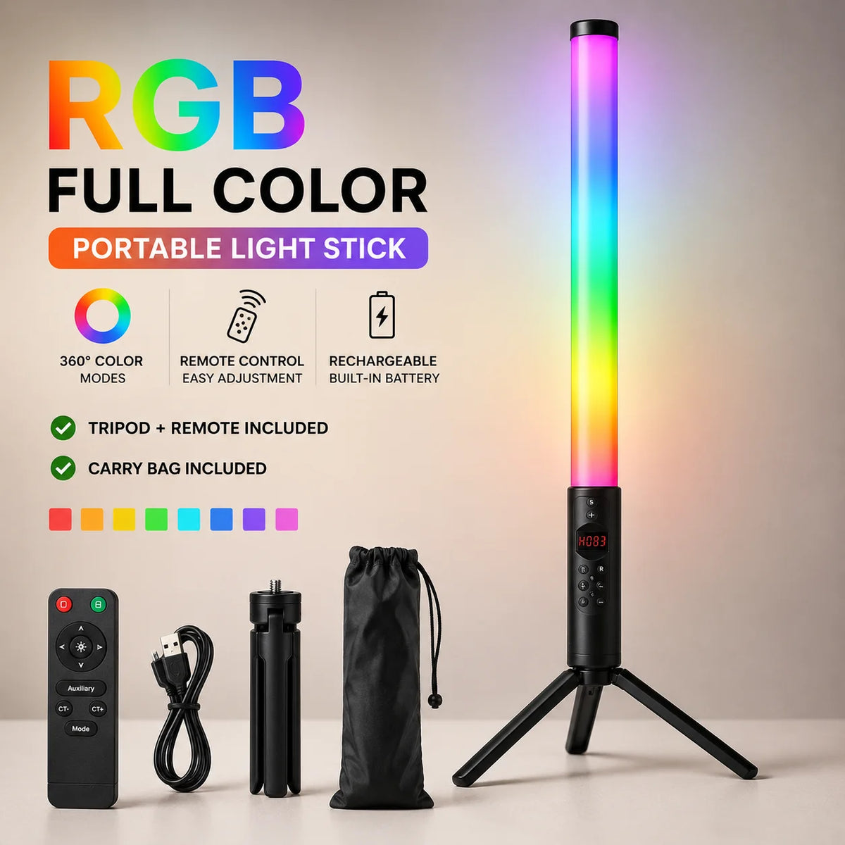 عصا إضاءة الفيديو المحمولة RGB – مصباح LED قابل لإعادة الشحن مع حامل ثلاثي اختياري