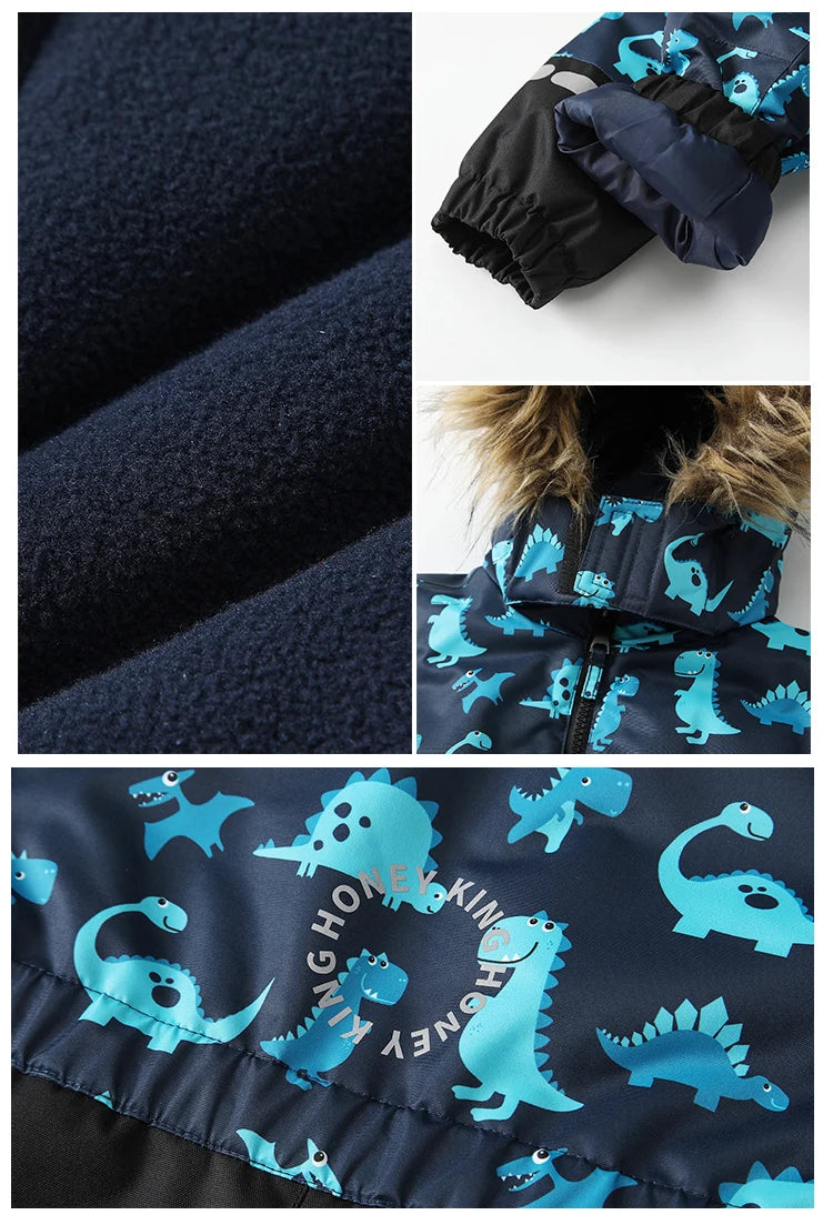 Baby Boys One-Piece Ski Suits Children's Snowboarding Fur Hooded Thick Windproof Warm Skiing Sports Clothes for Winter