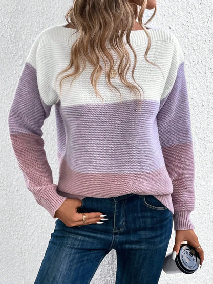 Eleganter dreifarbiger Patchwork-Pullover für Damen, lässiger, locker sitzender Strickpullover für den Alltag und Pendler, warme, verdickte Strickjacke für Herbst und Winter