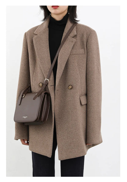 CHIC VEN Damenmantel aus Wollmischung, einfarbiger mittellanger Wollblazer, dicke, warme Damenbluse, Übermantel, Büro-Damenoberteil, Herbst/Winter