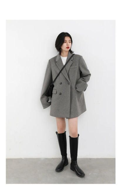 CHIC VEN Damenmantel aus Wollmischung, einfarbiger mittellanger Wollblazer, dicke, warme Damenbluse, Übermantel, Büro-Damenoberteil, Herbst/Winter