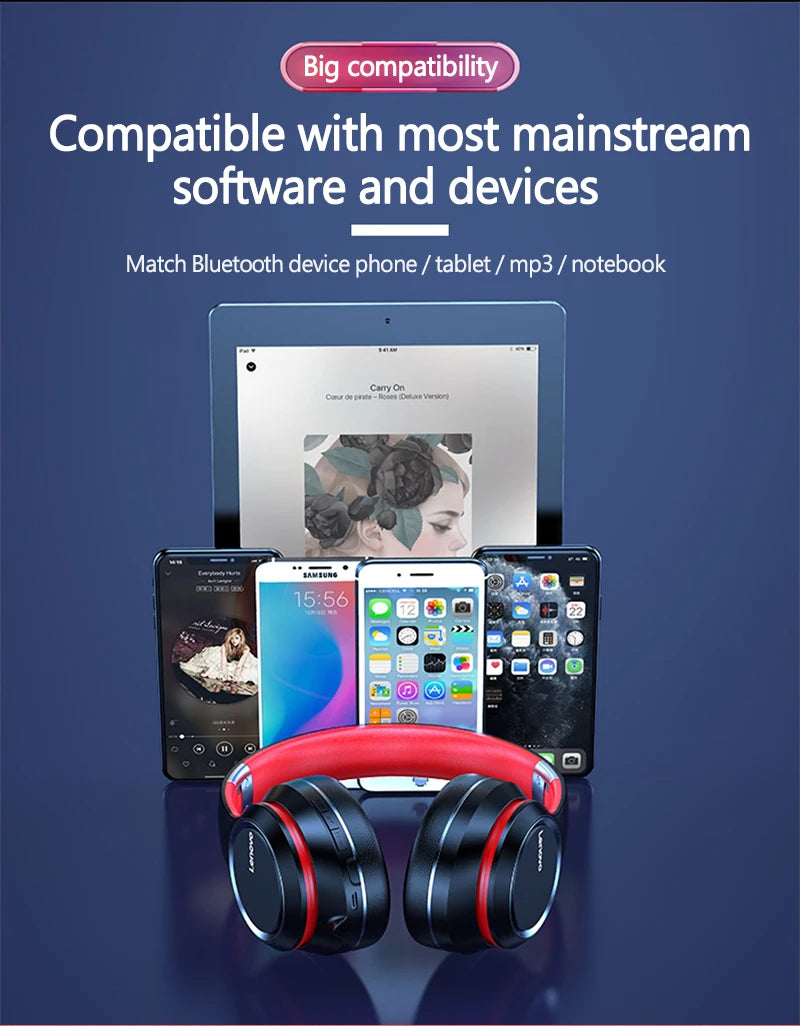Lenovo HD200 Foldable Bluetooth Headphones – Over-Ear Wireless Headset with Mic