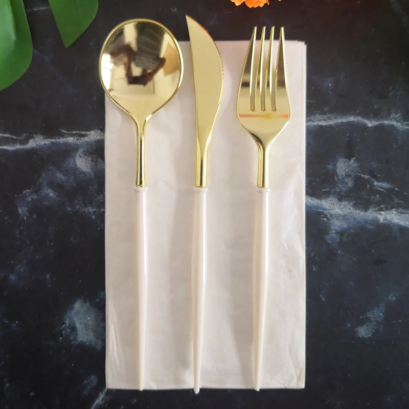 White & Gold Disposable Party Tableware, 8-Piece Packs