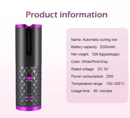Fer à boucler automatique sans fil | Rechargeable par USB, anti-brûlure, fer à friser sans fil 200°C