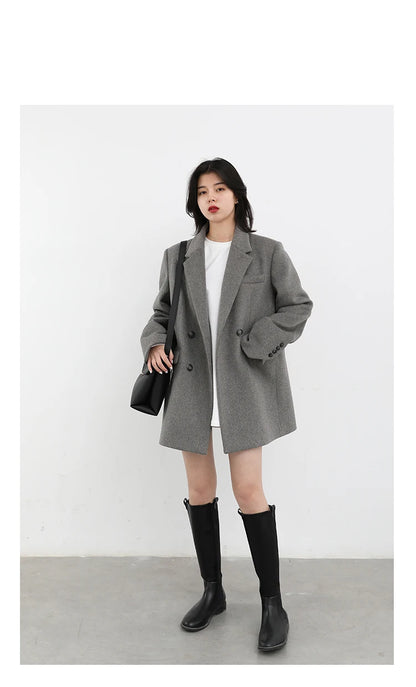 CHIC VEN Damenmantel aus Wollmischung, einfarbiger mittellanger Wollblazer, dicke, warme Damenbluse, Übermantel, Büro-Damenoberteil, Herbst/Winter