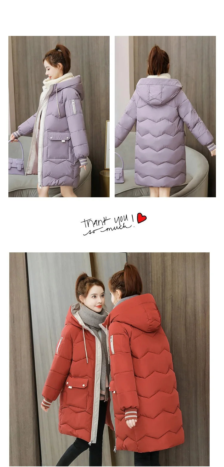 2026 Winter Women Jacket Coats Long Parkas Female Down Cotton Hooded Overcoat Thick Warm Jackets Windproof Casual Student Coat