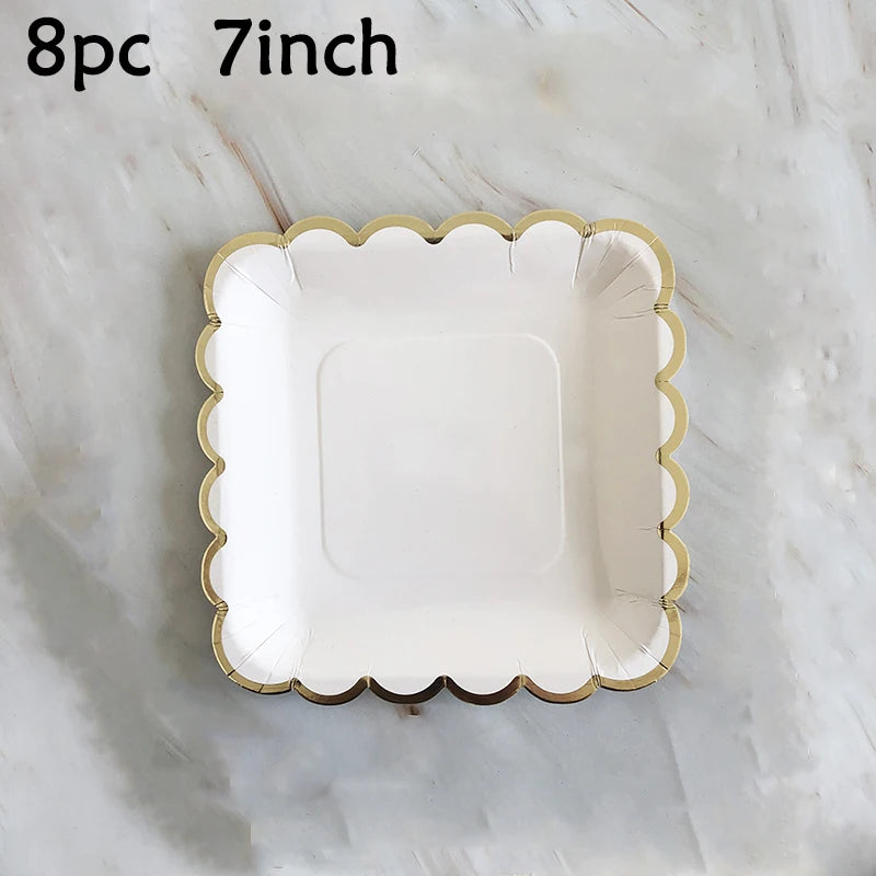 White & Gold Disposable Party Tableware, 8-Piece Packs