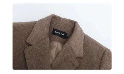 CHIC VEN Damenmantel aus Wollmischung, einfarbiger mittellanger Wollblazer, dicke, warme Damenbluse, Übermantel, Büro-Damenoberteil, Herbst/Winter