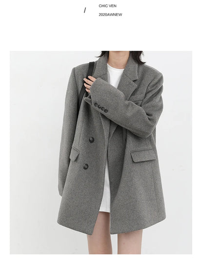 CHIC VEN Damenmantel aus Wollmischung, einfarbiger mittellanger Wollblazer, dicke, warme Damenbluse, Übermantel, Büro-Damenoberteil, Herbst/Winter