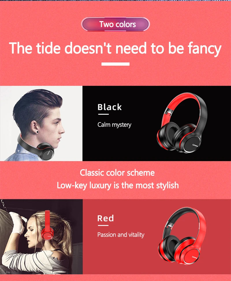 Lenovo HD200 Foldable Bluetooth Headphones – Over-Ear Wireless Headset with Mic