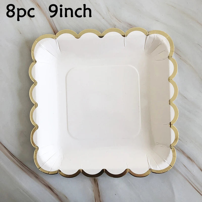 White & Gold Disposable Party Tableware, 8-Piece Packs