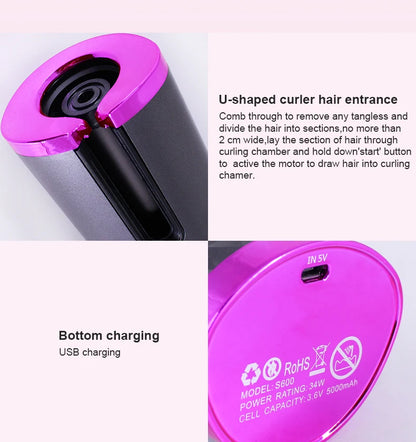 Fer à boucler automatique sans fil | Rechargeable par USB, anti-brûlure, fer à friser sans fil 200°C