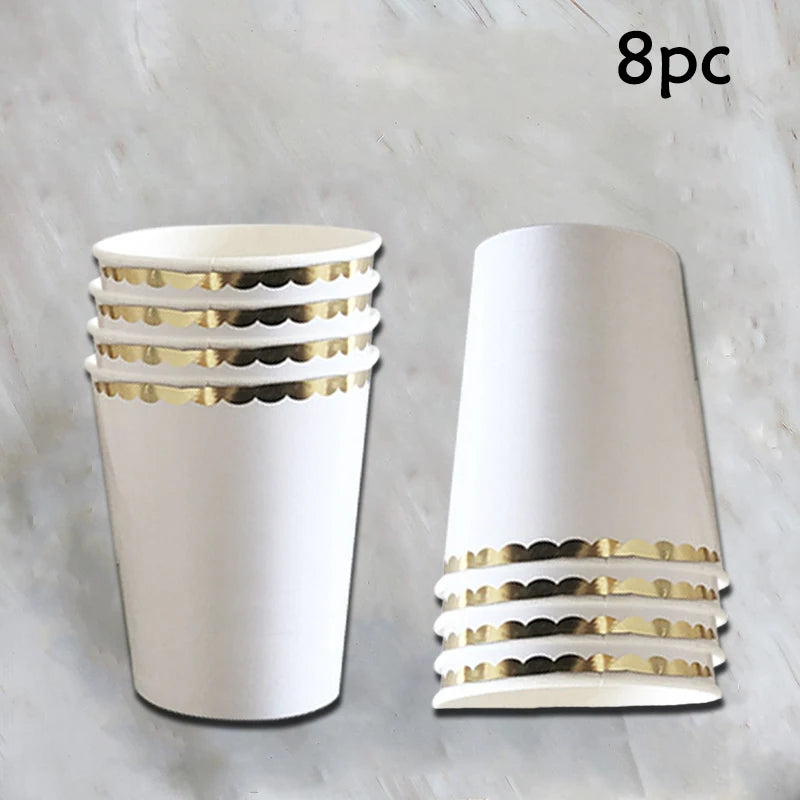 White & Gold Disposable Party Tableware, 8-Piece Packs
