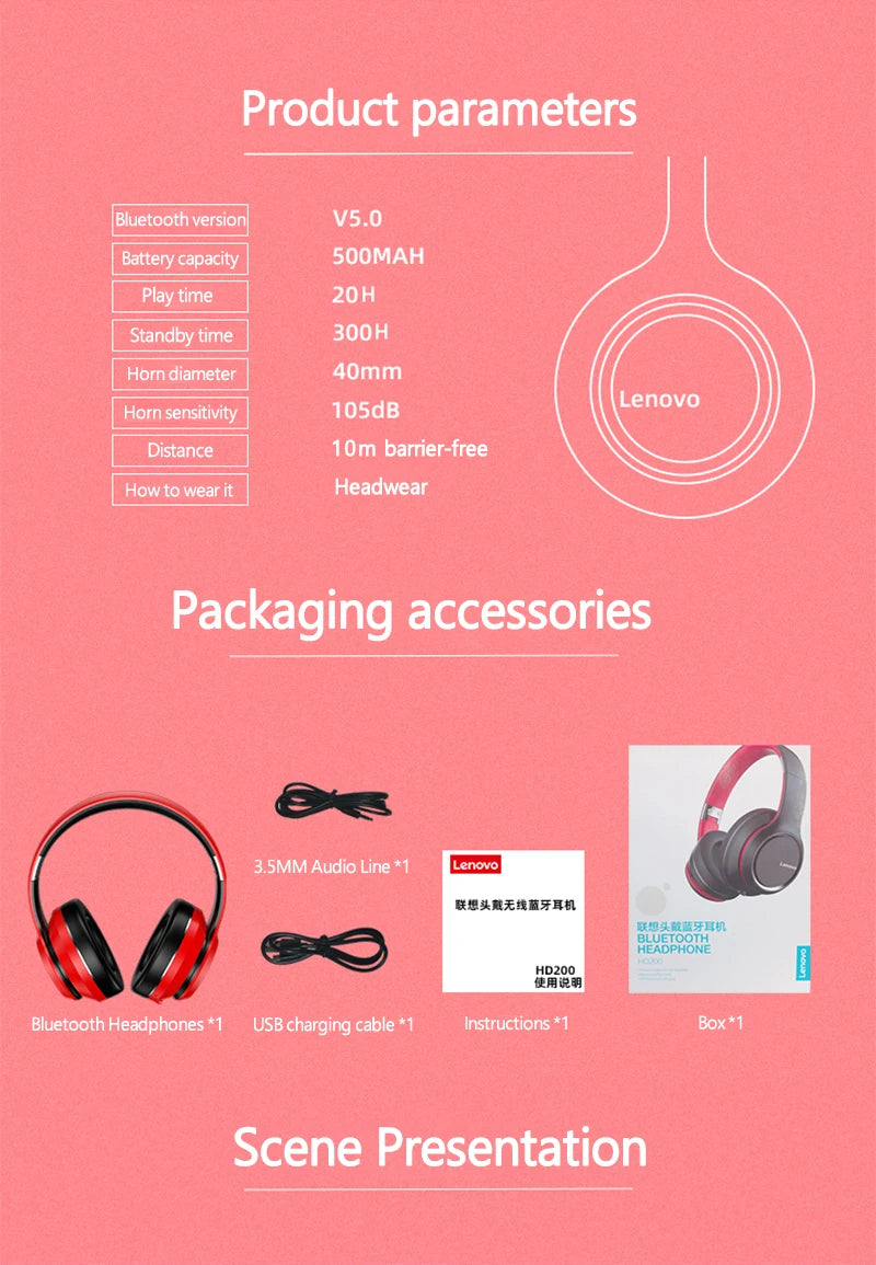 Lenovo HD200 Foldable Bluetooth Headphones – Over-Ear Wireless Headset with Mic