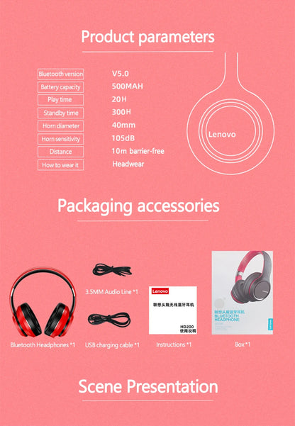 Auriculares Bluetooth plegables Lenovo HD200 – Auriculares inalámbricos circumauriculares con micrófono