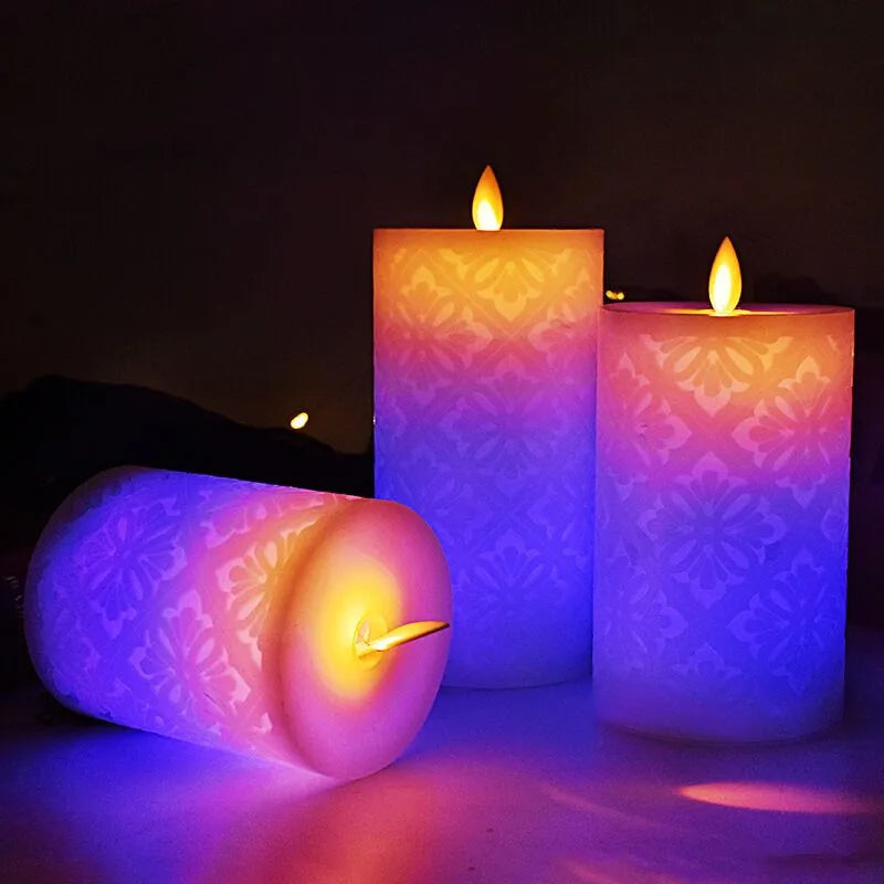 Flameless Candles with Remote Color Changing LED Candle Light Carved 3D Moroccan Designs Paraffin Candles Flickering Moving Wick