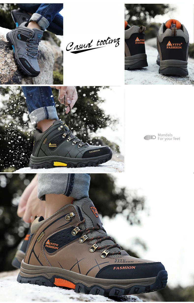 Brand Men Winter Snow Boots Waterproof Leather Sneakers Super  Warm Men's Boots Outdoor Male Hiking Boots Work Shoes Size 39-47