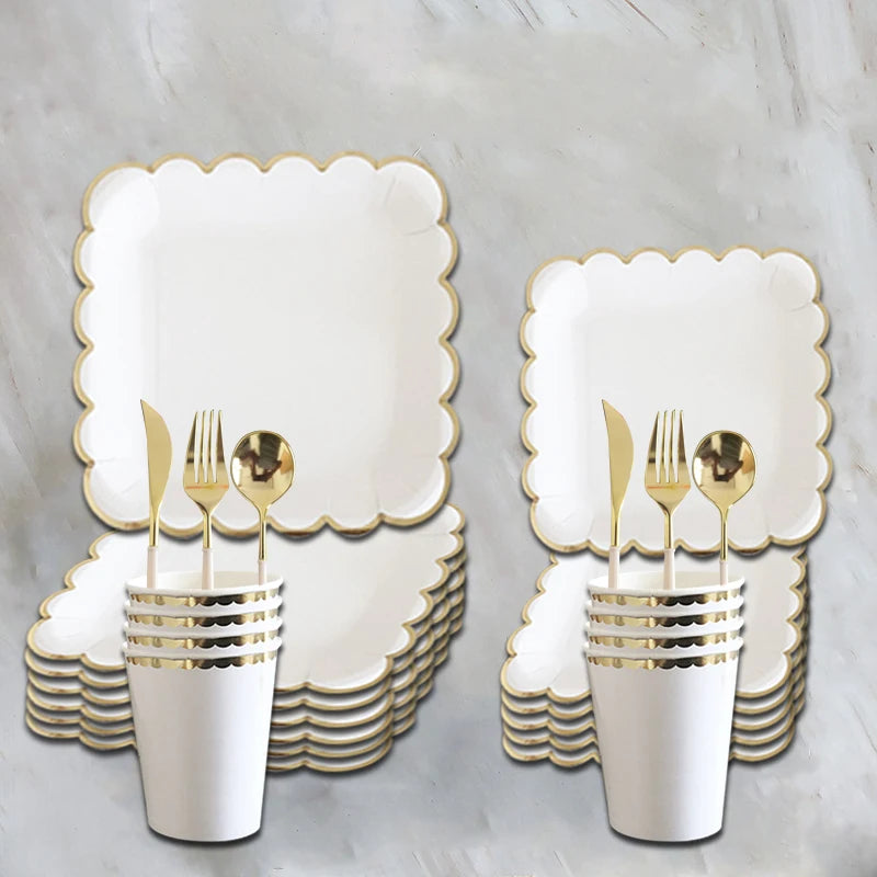 White & Gold Disposable Party Tableware, 8-Piece Packs