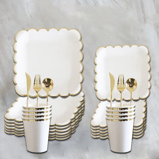 White & Gold Disposable Party Tableware, 8-Piece Packs