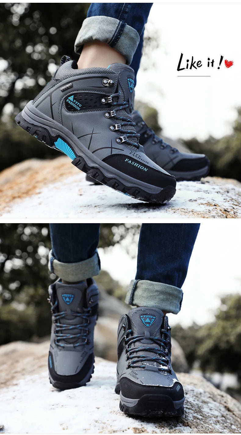 Brand Men Winter Snow Boots Waterproof Leather Sneakers Super  Warm Men's Boots Outdoor Male Hiking Boots Work Shoes Size 39-47
