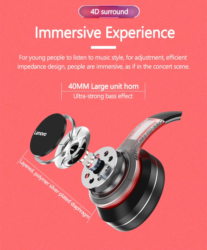 Lenovo HD200 Foldable Bluetooth Headphones – Over-Ear Wireless Headset with Mic